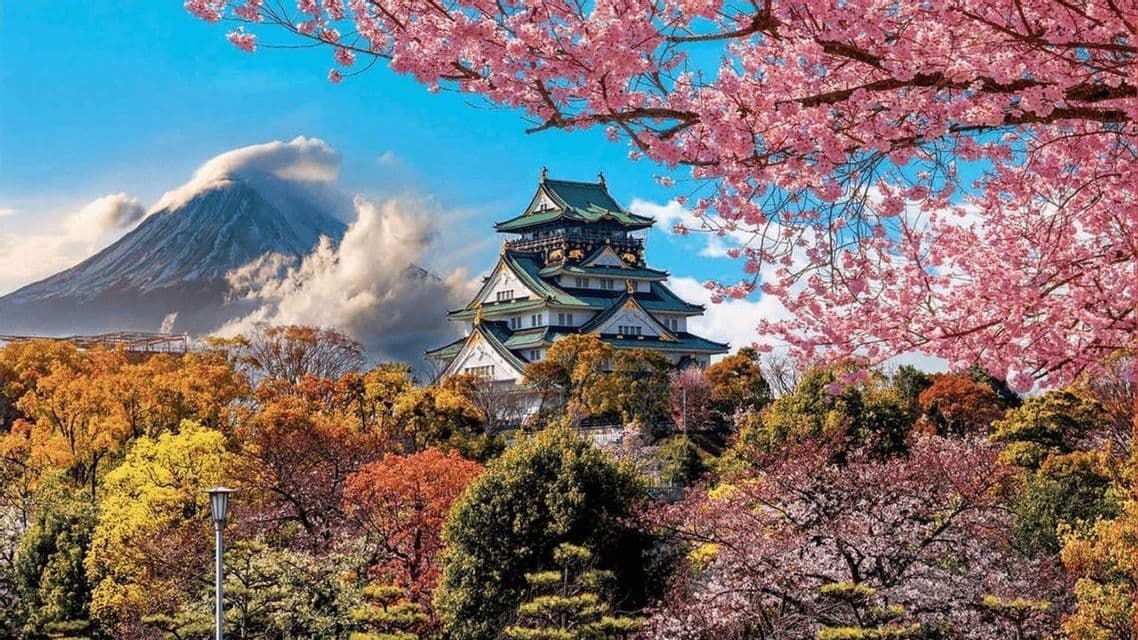 Un castillo japonés tradicional se alza entre árboles de colores otoñales, con una montaña nevada detrás y flores rosadas en lo alto.