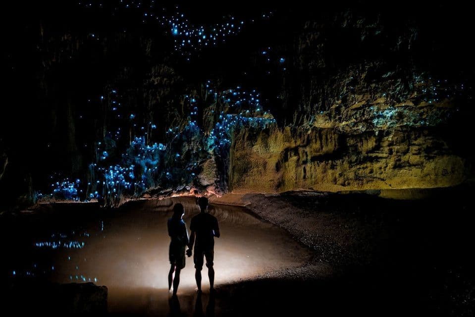 A silhouetted couple stands hand-in-hand in shallow water, looking up at the glowing blue lights of glowworms in a dark cave.