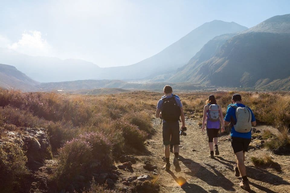 A WeRoad group trip of three people with backpacks hiking on a trail in a sunny mountain valley.