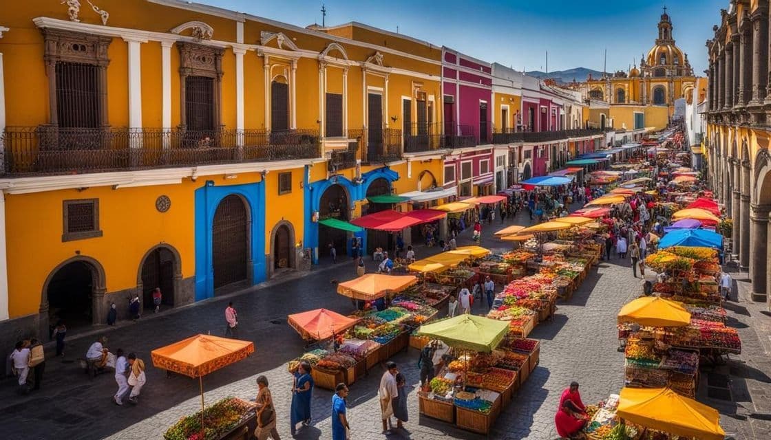 A bustling street market with colorful stalls and awnings lines a cobblestone road in front of vibrant colonial buildings.