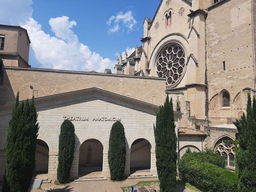 Le bâtiment du Theatrum Anatomicum, avec son portique cintré, se dresse à côté d'une cathédrale de style gothique ornée d'une grande rosace.