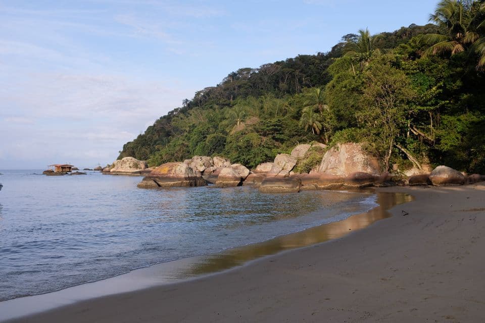 Una playa de arena se curva hacia una costa rocosa al pie de una colina exuberante y boscosa, con una pequeña cabaña sobre pilotes visible en el mar en calma.