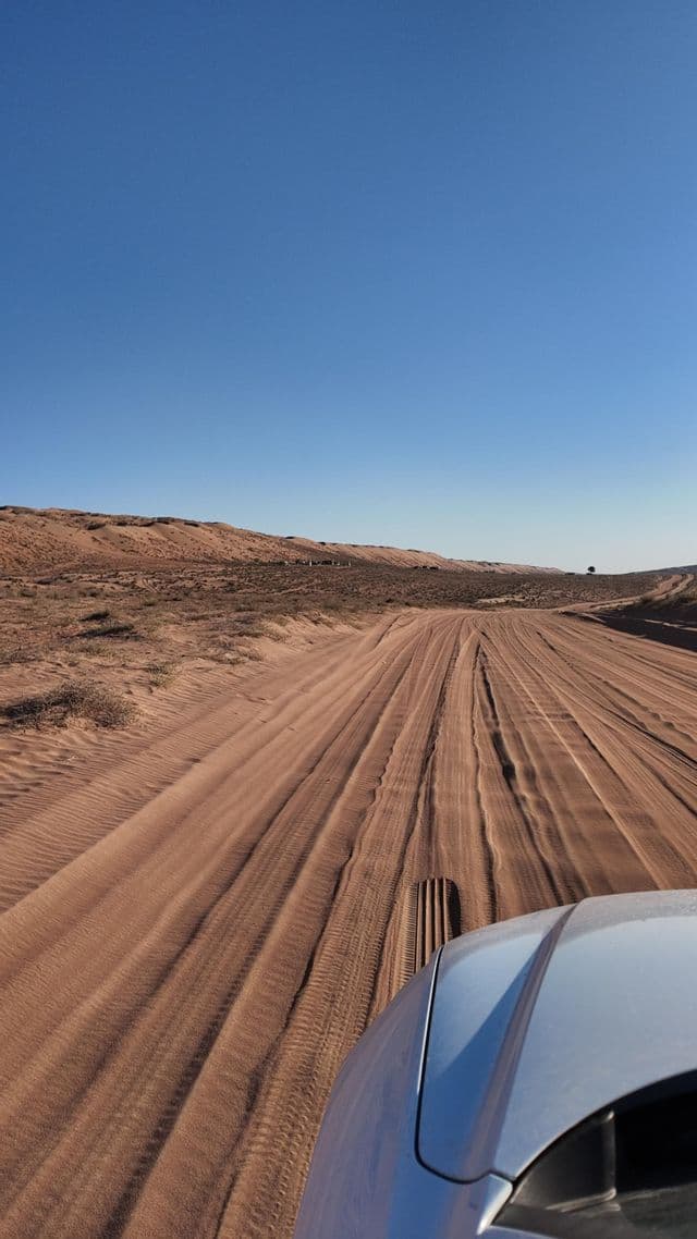 Una toma en primera persona desde un coche conduciendo por una pista de arena a través de un paisaje desértico bajo un cielo azul claro.
