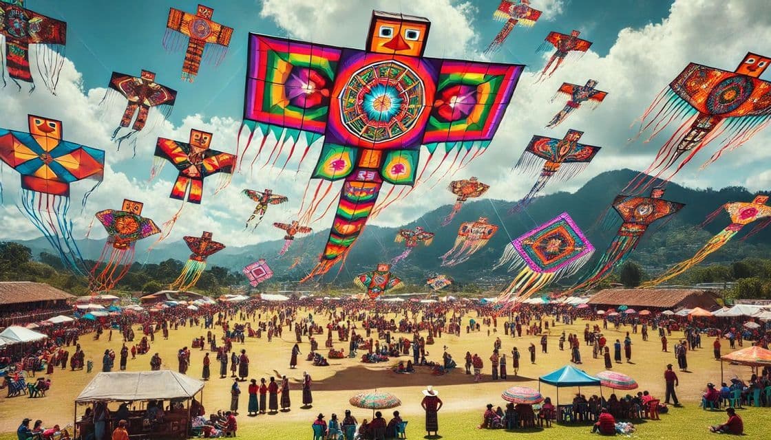 Un cielo pieno di aquiloni grandi e colorati che volano sopra una folla di persone radunate per una festa in un campo.