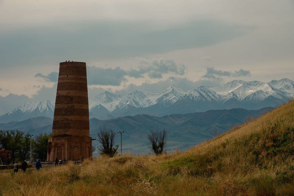 Una torre di mattoni alta e circolare si erge in un paesaggio erboso con uno sfondo di montagne innevate sotto un cielo nuvoloso.