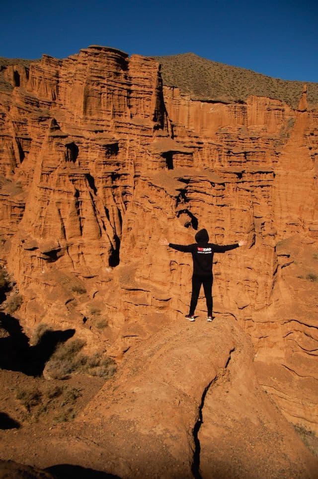 Una persona con una felpa nera WeRoad è in piedi su una sporgenza, con le braccia aperte, di fronte a un grande canyon di roccia rossa.