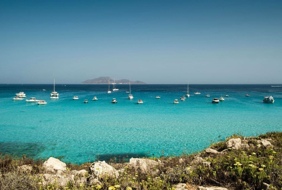 Una vista desde una costa rocosa muestra muchos barcos flotando en agua turquesa vibrante con una isla distante bajo un cielo azul claro.