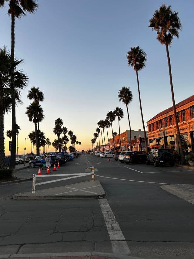 Una calle ancha bordeada de altas palmeras y coches aparcados que conduce hacia un colorido atardecer.