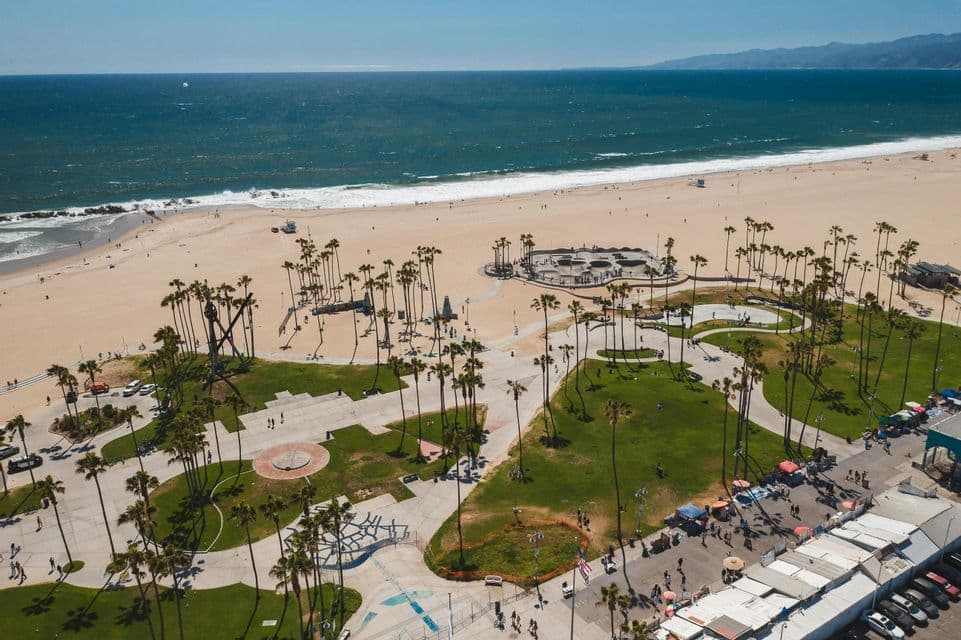 Vista aérea de una playa concurrida con un skatepark, zonas verdes y altas palmeras junto al océano.