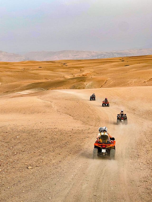 Eine WeRoad Gruppenreise mit Quad-Bikes, die in einer Reihe auf einem staubigen Pfad durch eine weite Wüstenlandschaft fahren.