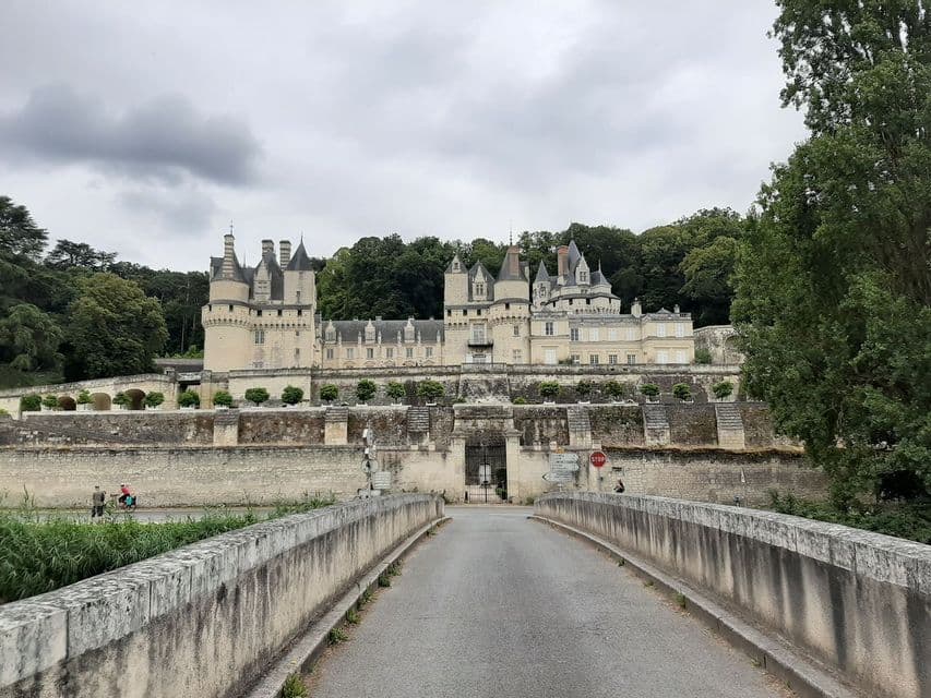 Un pont de pierre mène à l'entrée d'un grand château à multiples tourelles, entouré d'une forêt verte dense sous un ciel nuageux.