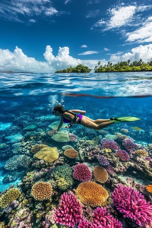 Una vista semisommersa di una donna che fa snorkeling in acqua cristallina sopra una colorata barriera corallina, con un'isola tropicale sotto un cielo nuvoloso.