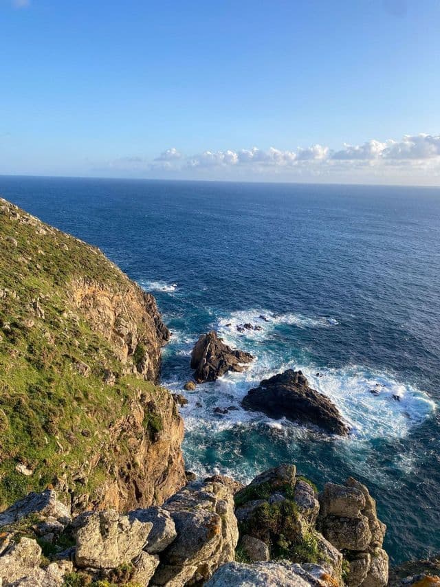 Desde un alto acantilado herboso se divisa el vasto océano azul con olas rompiendo en las rocas de abajo bajo un cielo despejado.