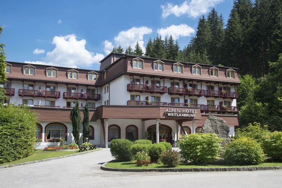 Die Außenansicht des Alpen Hotel Weitlanbrunn, umgeben von gepflegten Gärten und einem dichten Kiefernwald unter einem teils bewölkten Himmel.
