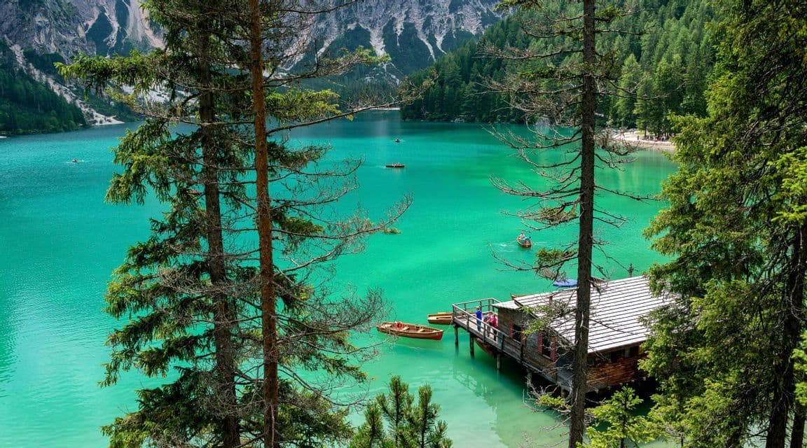 Ein Blick zwischen zwei Kiefern auf einen türkisfarbenen Alpensee mit einem hölzernen Bootshaus, Ruderbooten und fernen Bergen.