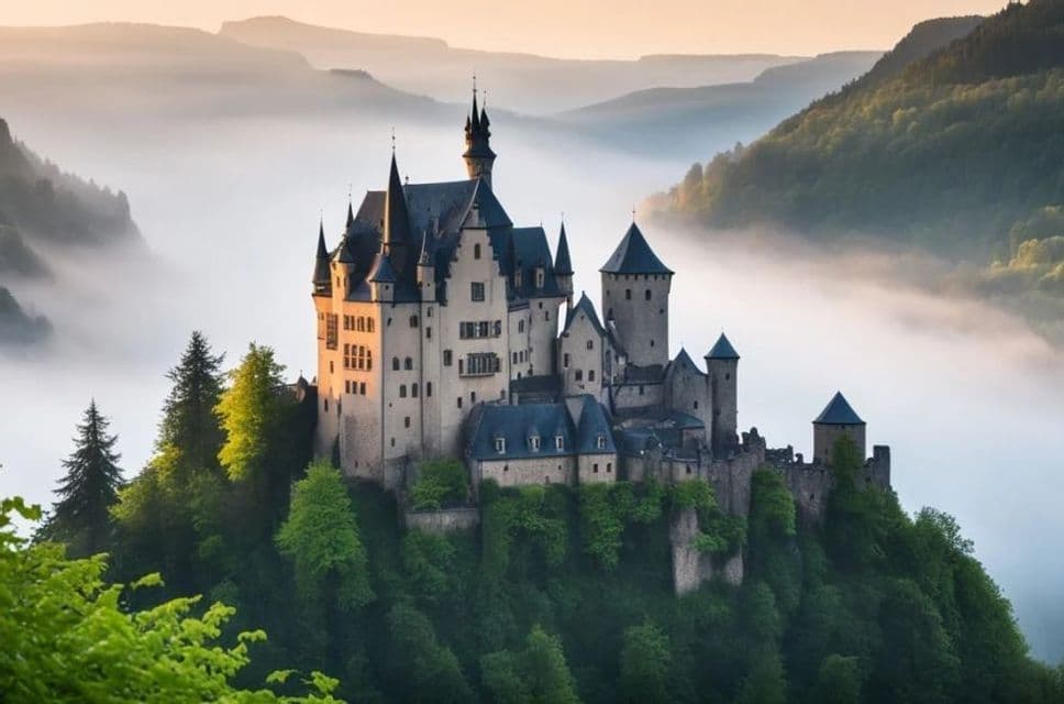 Un grande castello in pietra con molteplici torri si erge su una collina rigogliosa e alberata che domina una valle avvolta nella nebbia all'alba.