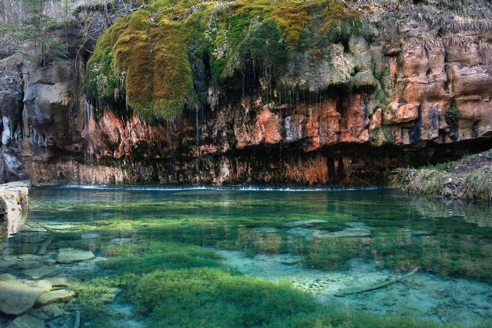 L'acqua gocciola lungo una parete rocciosa coperta di muschio in una pozza chiara e poco profonda con piante acquatiche visibili sotto la superficie.
