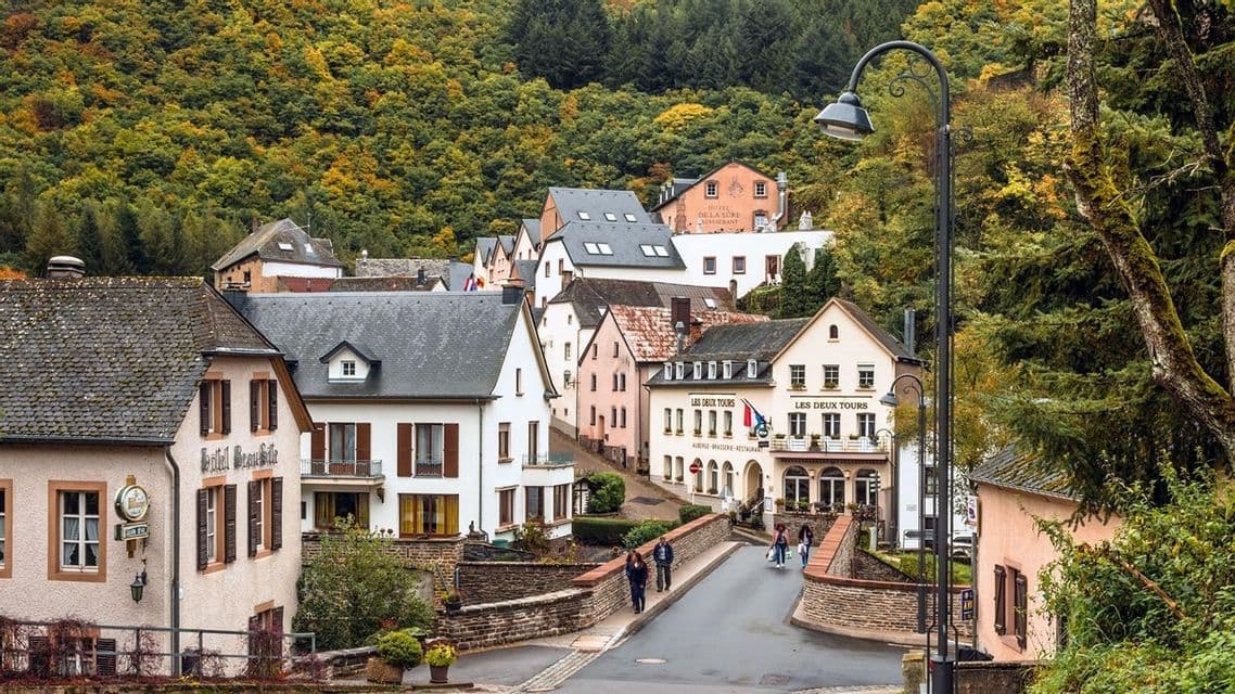 Una vista di un piccolo villaggio con case tradizionali e una strada, adagiato ai piedi di una collina ricoperta da una fitta foresta autunnale.