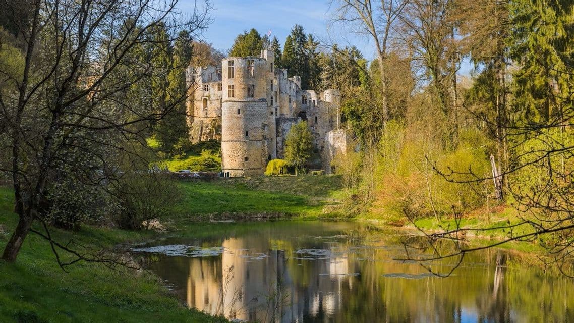 Un castello di pietra con torri si erge su una collina erbosa circondato da una foresta, con la sua immagine riflessa nell'acqua calma sottostante.