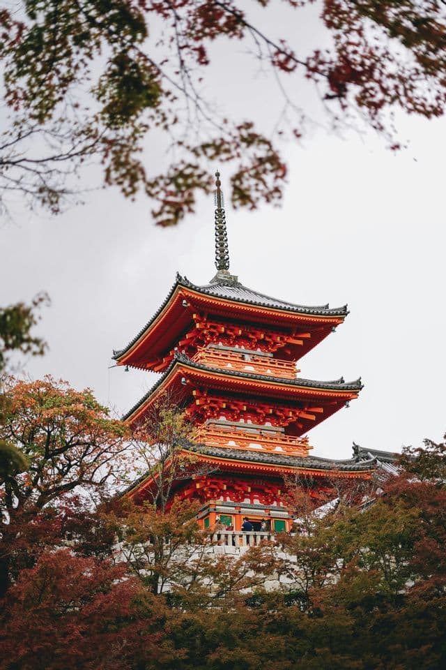 A red multi-tiered pagoda is framed by tree branches with colorful autumn leaves against an overcast sky.