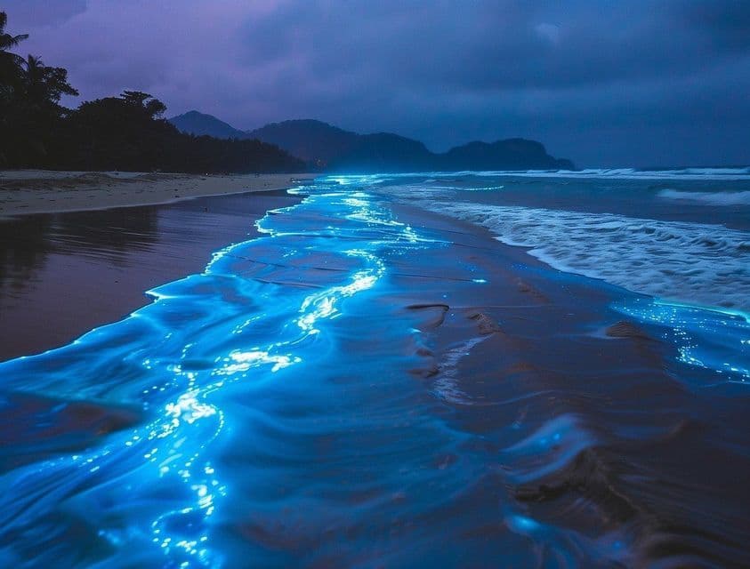 Plancton bioluminescente azzurro brillante brilla tra le onde su una spiaggia sabbiosa di notte, sotto un cielo nuvoloso.