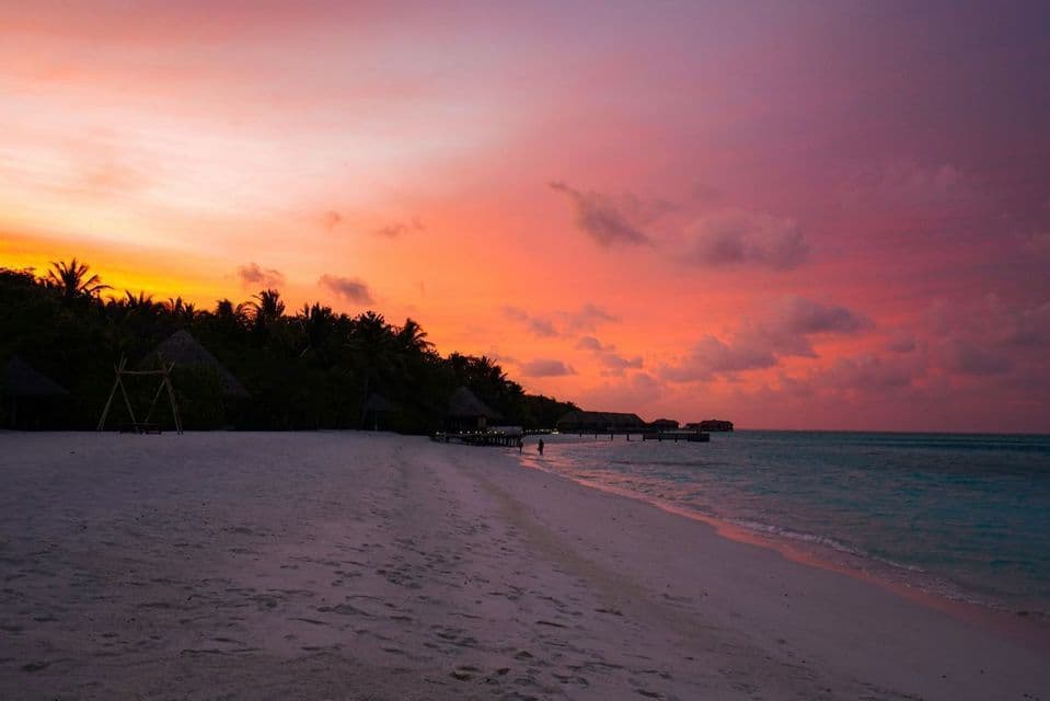 Una playa tropical con arena blanca y palmeras bajo un cielo de atardecer naranja y morado.