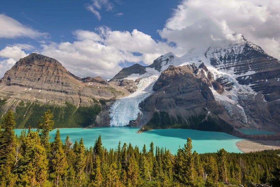 Ein Gletscher fließt einen schneebedeckten Berg hinab in einen türkisblauen Alpensee, mit einem dichten Kiefernwald im Vordergrund.