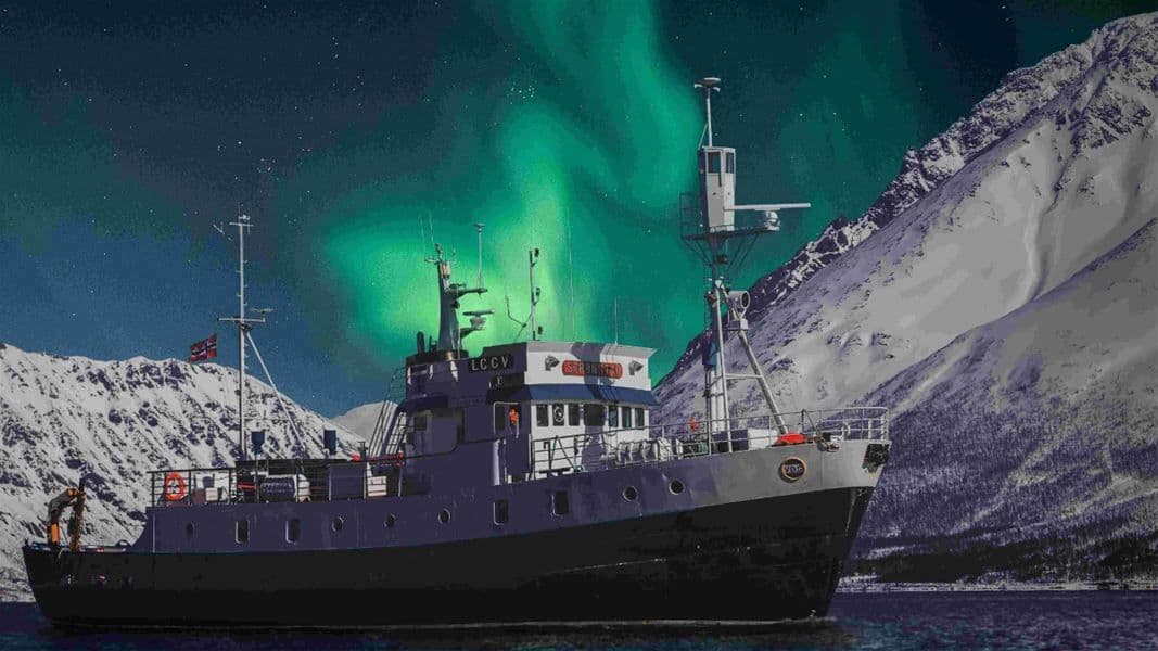 A large ship sails on calm water at night, with snow-covered mountains and a green aurora borealis lighting up the sky.