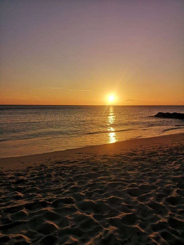 Il sole tramonta all'orizzonte sull'oceano, proiettando un riflesso dorato sull'acqua di fronte a una spiaggia sabbiosa.