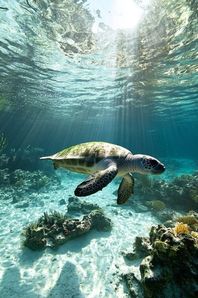 Une tortue de mer nage sous l'eau au-dessus d'un récif corallien tandis que les rayons du soleil traversent l'eau bleue et claire.