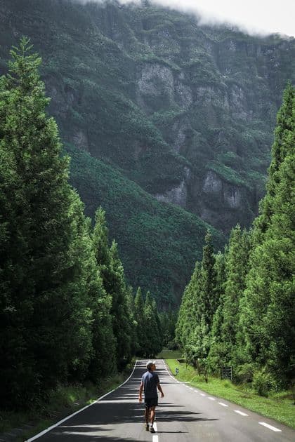 Un homme marche au milieu d'une route asphaltée, bordée de grands arbres verts, vers une grande montagne couverte de brume.
