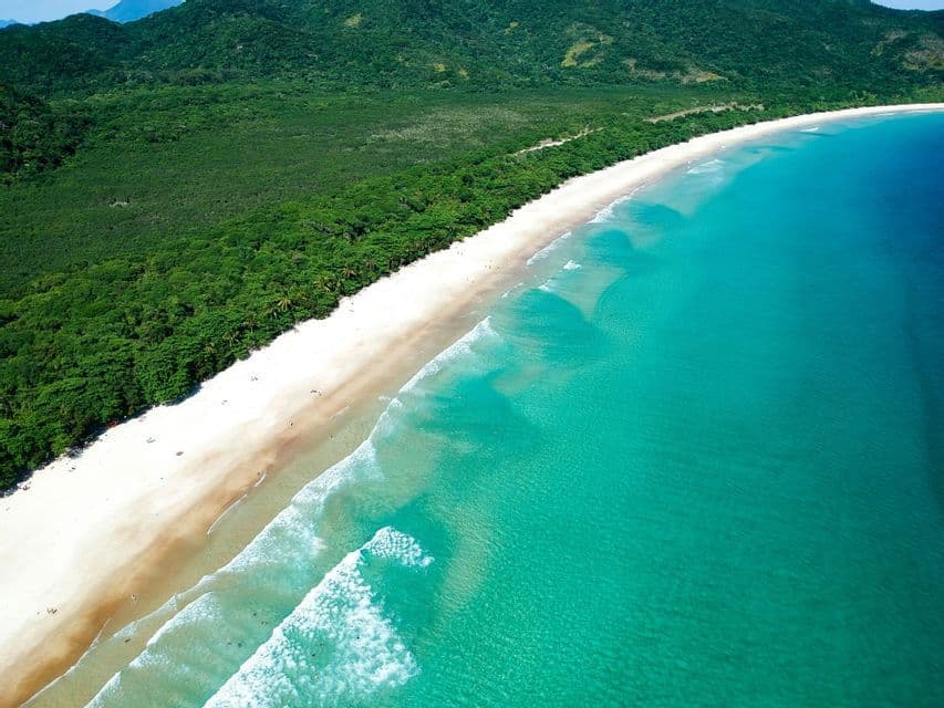 An aerial view of a tropical coastline with a white sand beach, turquoise water, and a dense green forest.
