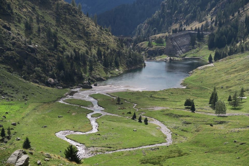 Un ruscello serpeggia attraverso una valle verde, sfociando in un lago di montagna con una grande diga sullo sfondo.