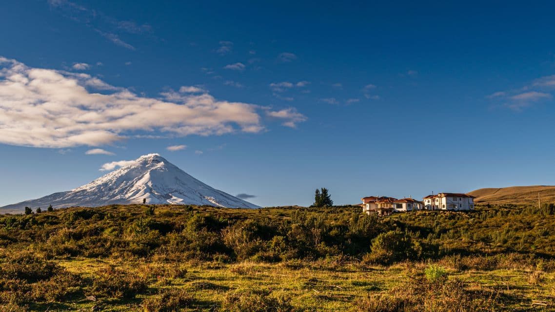 A landscape view of a snow-capped volcano under a blue sky, with buildings on a grassy hillside in the foreground.