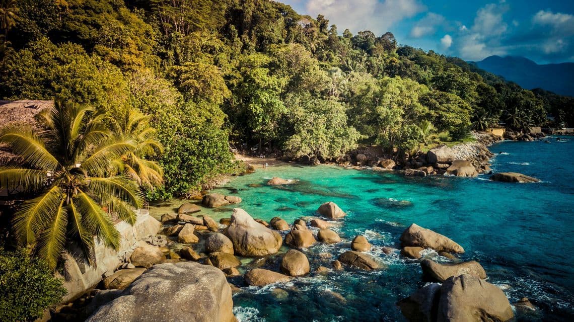 Una vista aerea di una baia tropicale appartata con acqua turchese, grandi massi e una costa fitta di alberi verdi e palme.