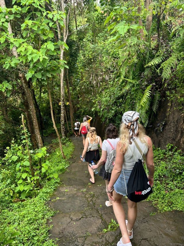 Eine WeRoad Gruppenreise, die auf einem Steinpfad durch üppigen Dschungel wandert.