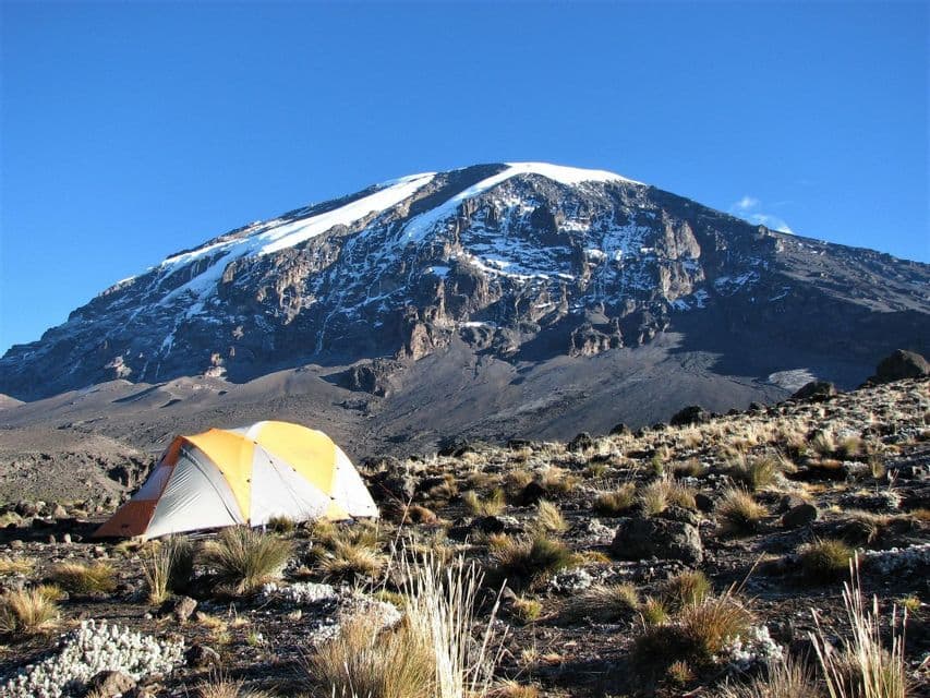A yellow and white camping tent sits on a rocky hillside at the base of a large, snow-capped mountain under a clear blue sky.