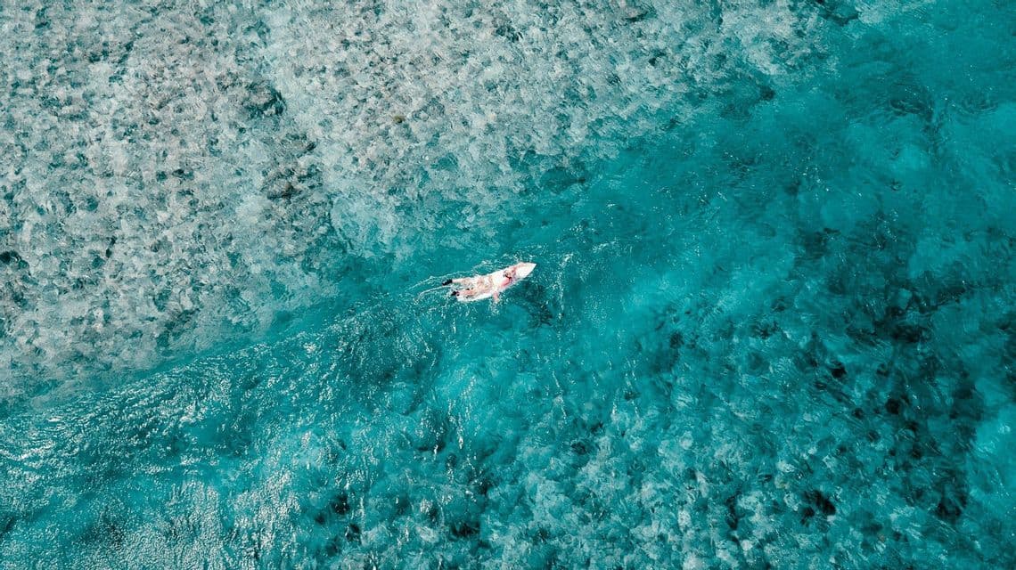 Una vista aerea cenital de una persona en una tabla de surf remando en agua oceanica clara y turquesa sobre un arrecife poco profundo.