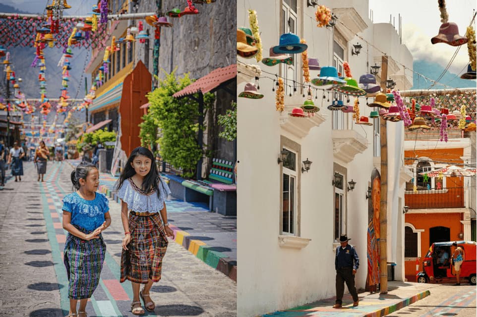 Ein Diptychon von Straßenszenen mit zwei Mädchen in traditionellen Trachten und bunten Hüten, die als Dekoration aufgehängt sind.