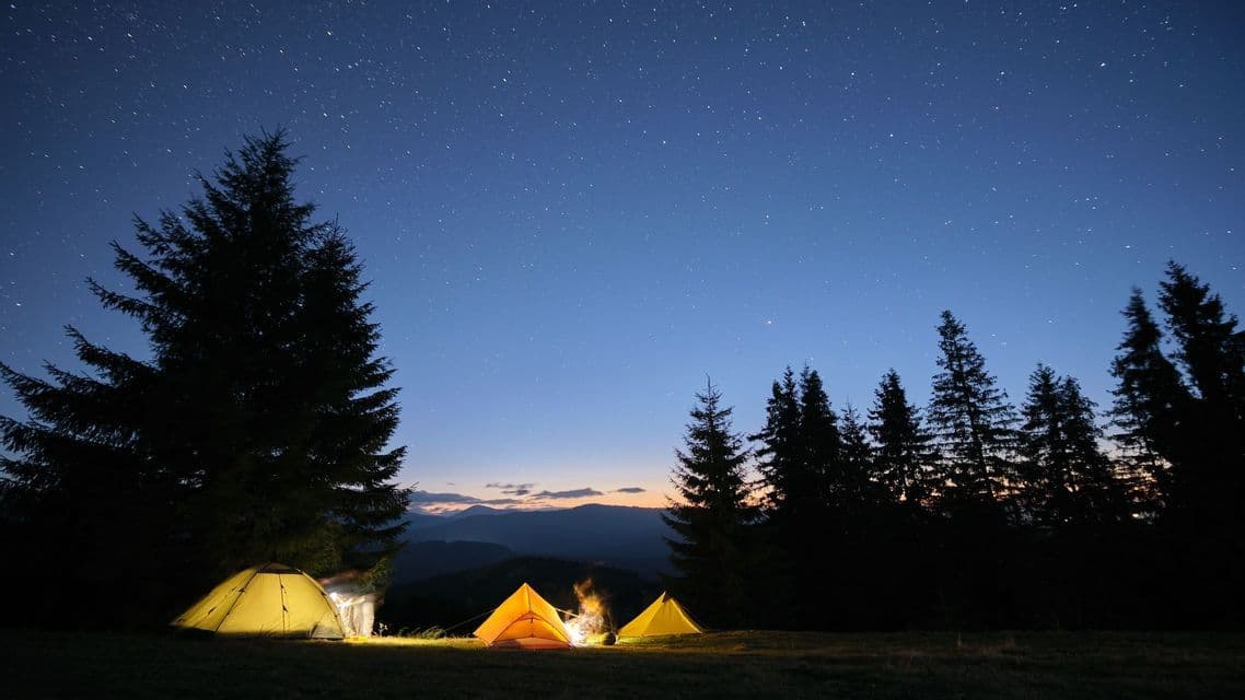 Tre tende illuminate e un falò in una radura nel bosco di notte, con alberi in silhouette sotto un cielo stellato.