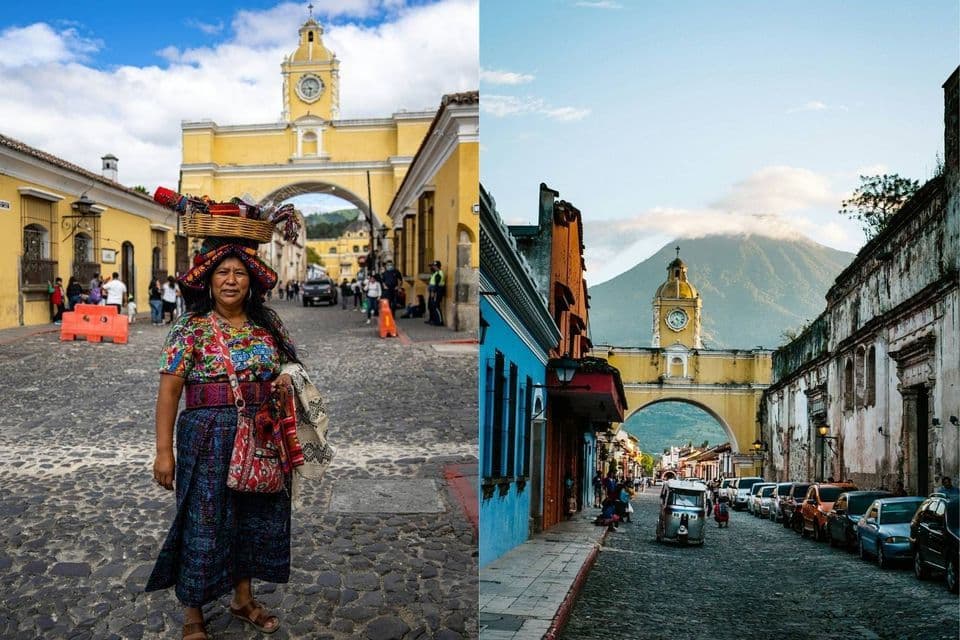 Ein geteiltes Bild, das eine Frau in traditioneller Kleidung auf einer Kopfsteinpflasterstraße und eine Ansicht eines gelben Bogens mit einem Vulkan zeigt.