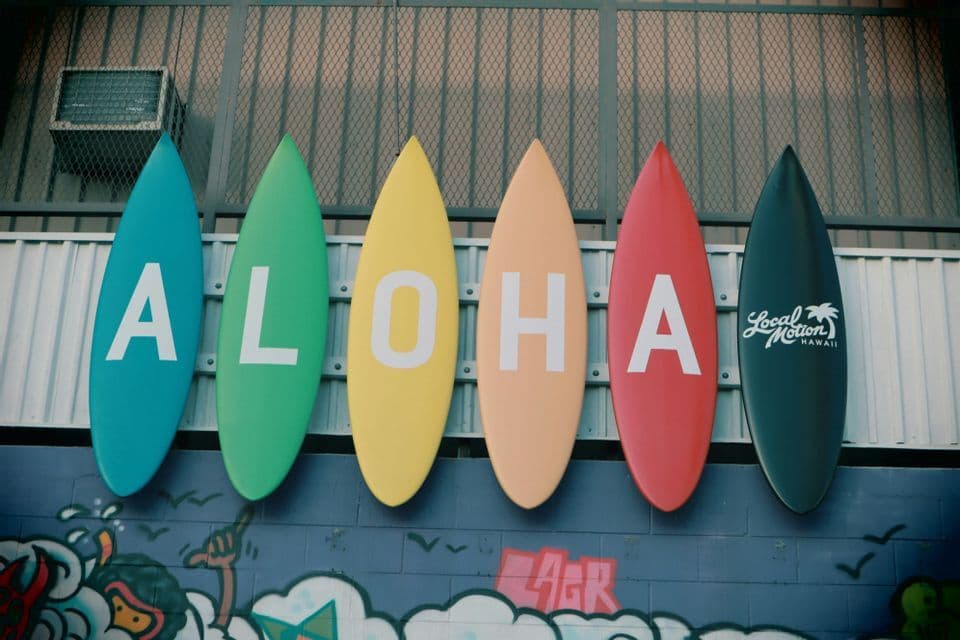 Tavole da surf colorate appese a una parete esterna formano la parola 'ALOHA' sopra un muro graffitato.