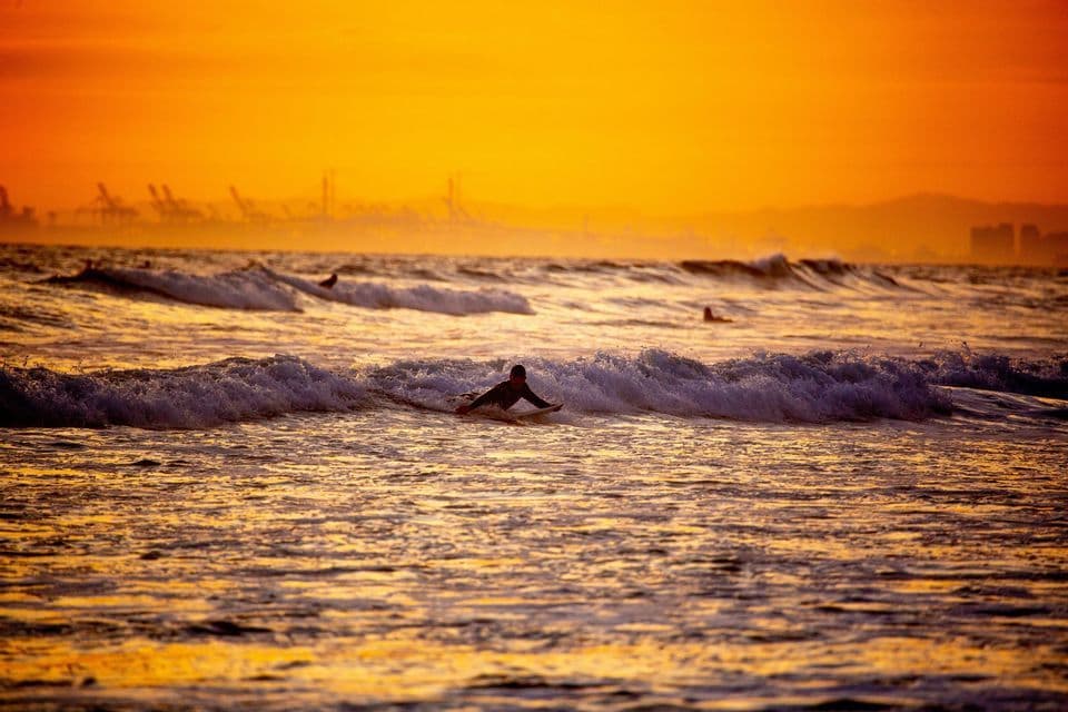 Un surfista in muta pagaia su una tavola nell'oceano durante un tramonto dorato, con onde e uno skyline cittadino in lontananza.