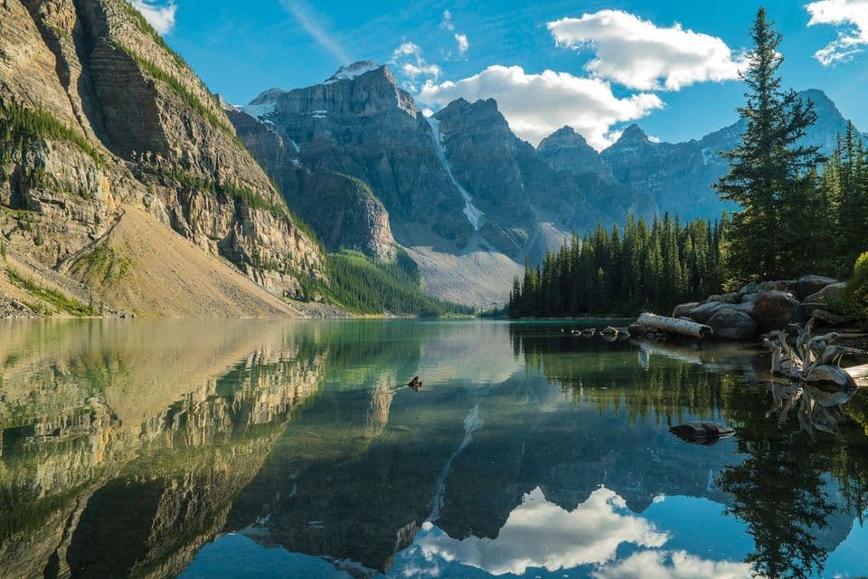 A calm alpine lake reflects rocky mountains, an evergreen forest, and a blue sky with fluffy clouds.