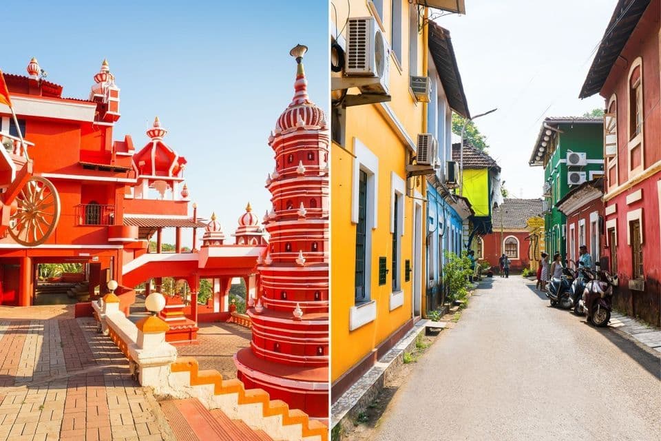 Geteilte Ansicht: Links ein kunstvoller roter Tempel, rechts eine schmale Gasse mit farbenfrohen Häusern.