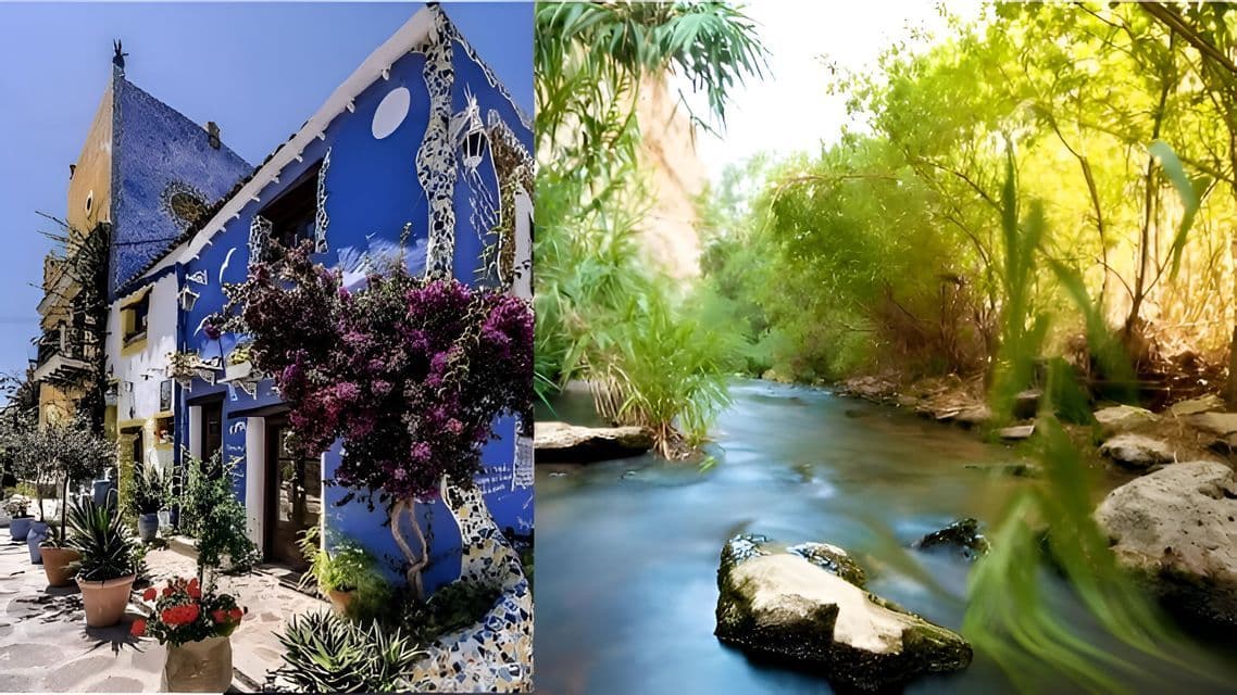 Un dittico che accosta un vivace edificio blu a mosaico sotto il sole a un rigoglioso ruscello verde in una foresta