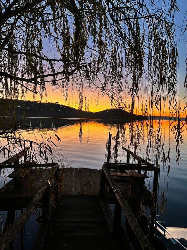 Un pontile di legno su un lago calmo durante un tramonto colorato, incorniciato da rami di salice piangente in silhouette.