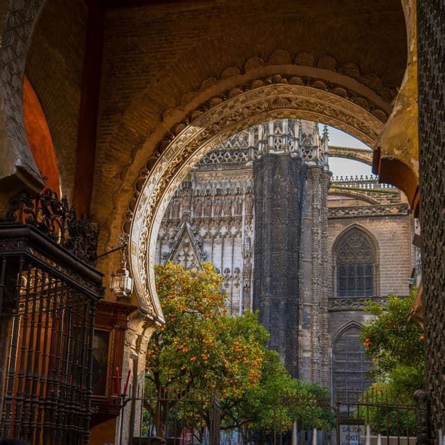 Una vista de una catedral gótica y naranjos cargados de fruta, enmarcada por un arco morisco de piedra ornamentado.