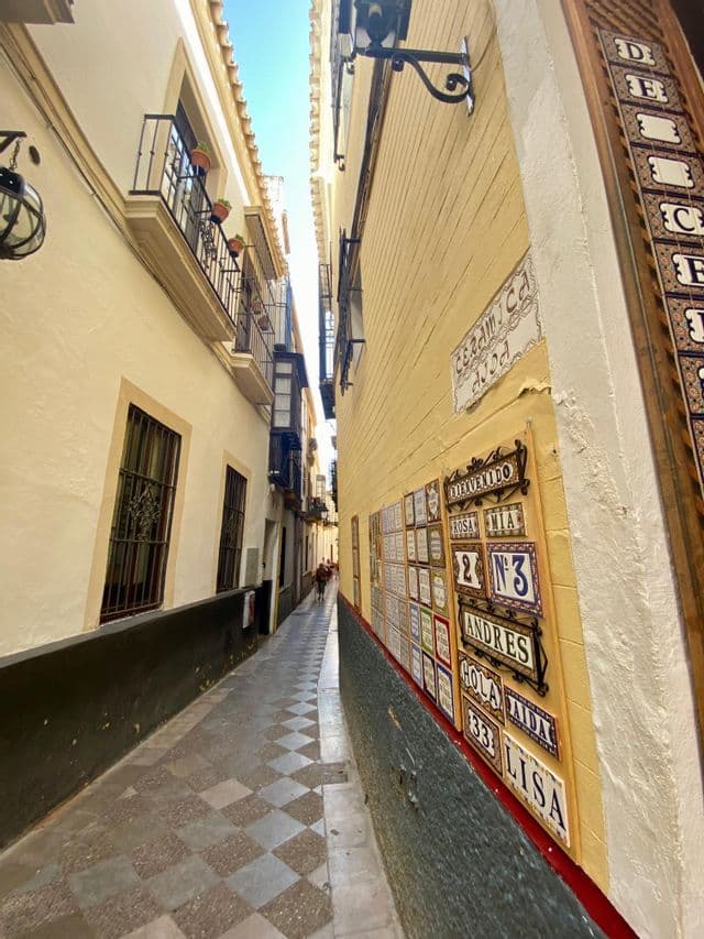 Un callejón estrecho y soleado con un pavimento de damero entre edificios amarillos, una pared decorada con muchos azulejos de cerámica.