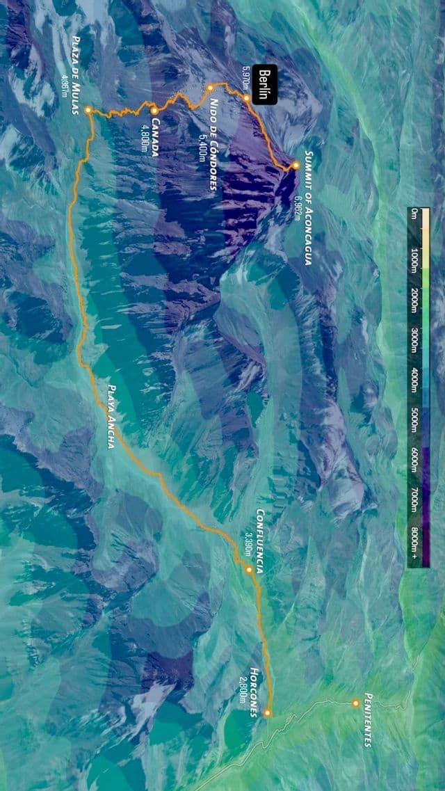 A topographic map showing the trekking route to the Summit of Aconcagua, with key points and elevations marked along the trail.